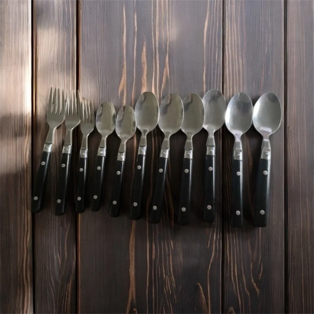 Vintage Stainless China Elegant Black Classic 11 Piece Flatware Cutlery Set